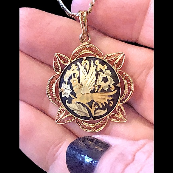 Jewelry - VTG Damascene Beautiful Bird of Paradise Necklace